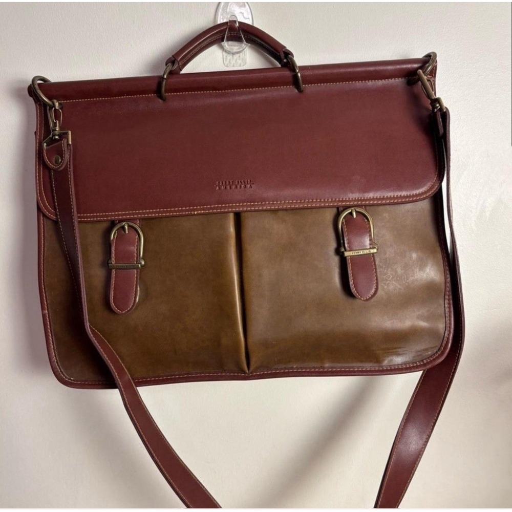 Perry Ellis Vtg Brown Color Block Briefcase w/Strap & Structured Design (1990s) - Picture 2 of 8